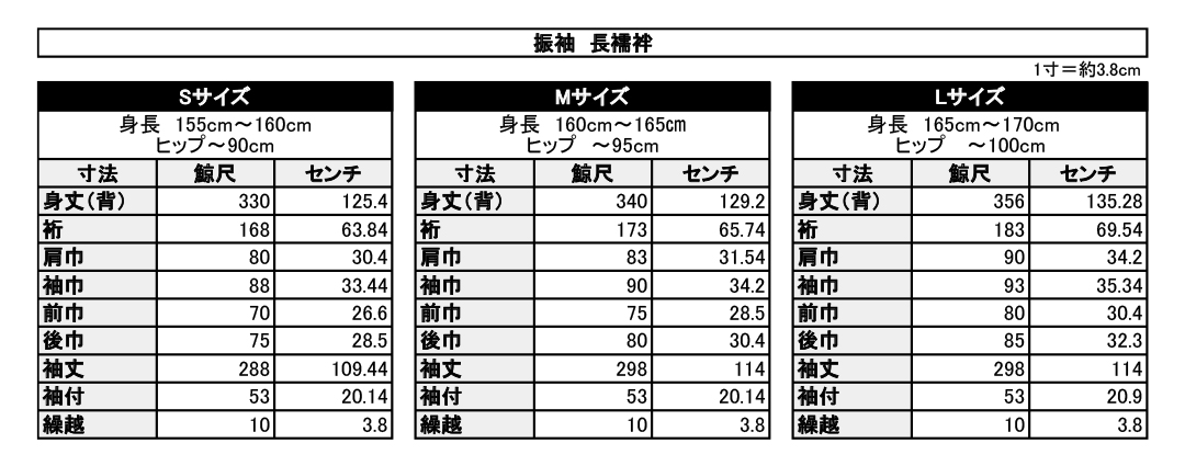 仕立サイズ表 - ろっこや webshop